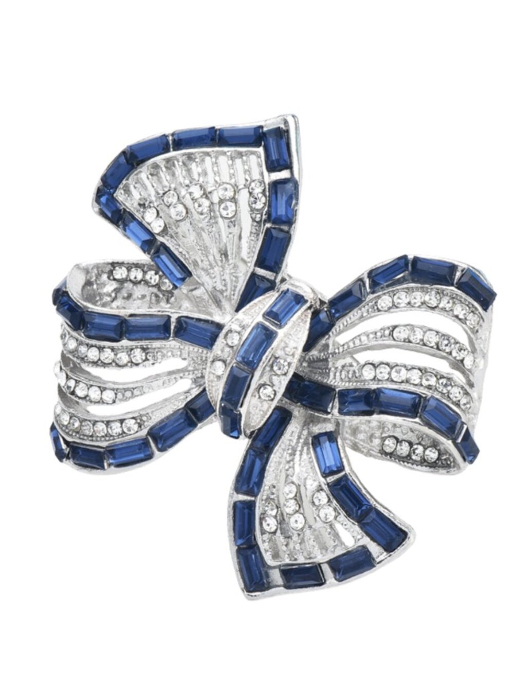 Vintage Style Blue Sapphire Clear Rhinestone Bow Brooch Pin Silver Tone